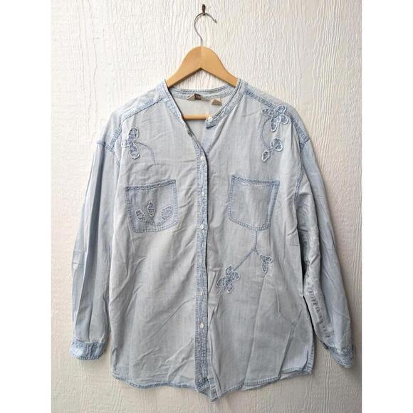 J Jill 100% Cotton Denim Embroidered Chambray Top Shirt Women's Size Large - Picture 1 of 5